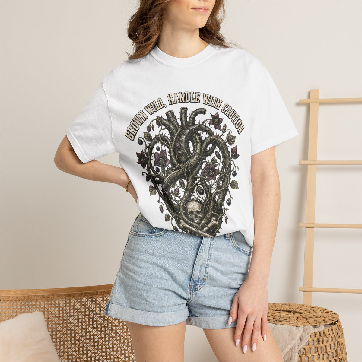 Handle With Caution Heart T-Shirt — Vintage Floral Skull Design