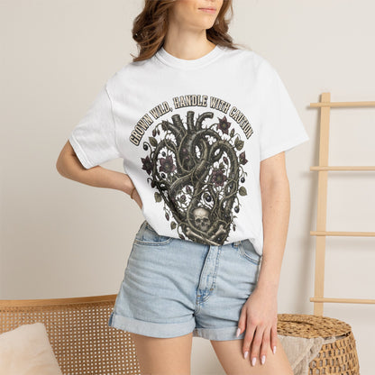 Handle With Caution Heart T-Shirt — Vintage Floral Skull Design