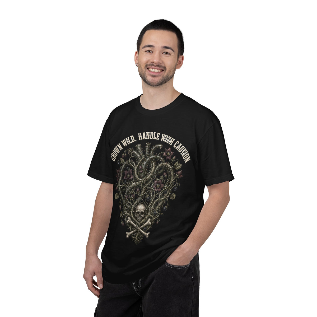 Handle With Caution Heart T-Shirt — Vintage Floral Skull Design
