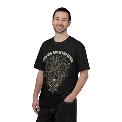 Handle With Caution Heart T-Shirt — Vintage Floral Skull Design