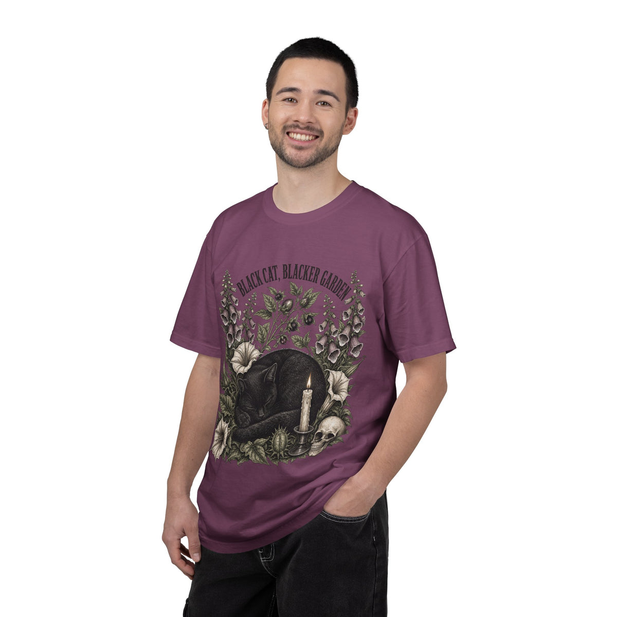 Black Cat Garden T‑Shirt — Gothic Cat, Skull & Candle Graphic Tee