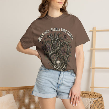 Handle With Caution Heart T-Shirt — Vintage Floral Skull Design