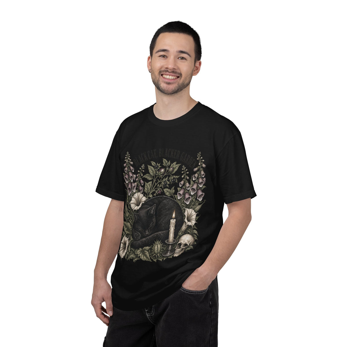 Black Cat Garden T‑Shirt — Gothic Cat, Skull & Candle Graphic Tee