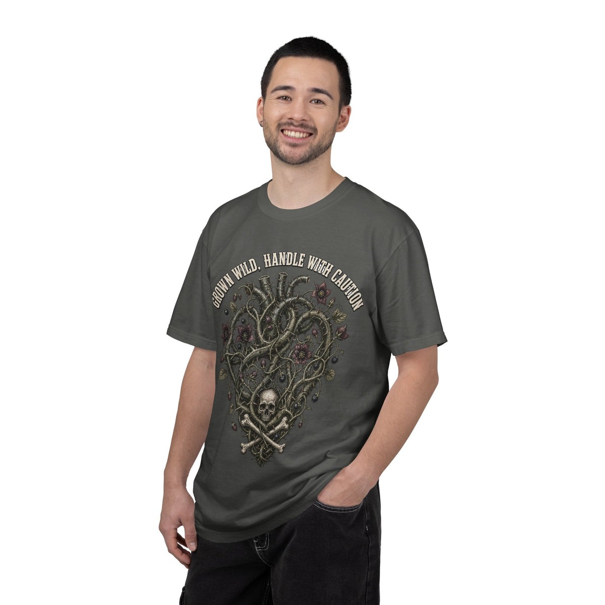 Handle With Caution Heart T-Shirt — Vintage Floral Skull Design
