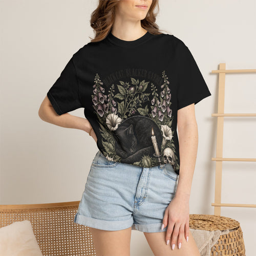 Black Cat Garden T‑Shirt — Gothic Cat, Skull & Candle Graphic Tee