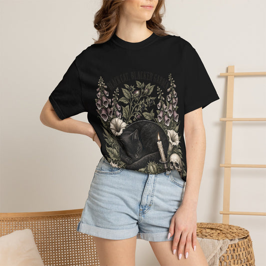 Black Cat Garden T‑Shirt — Gothic Cat, Skull & Candle Graphic Tee
