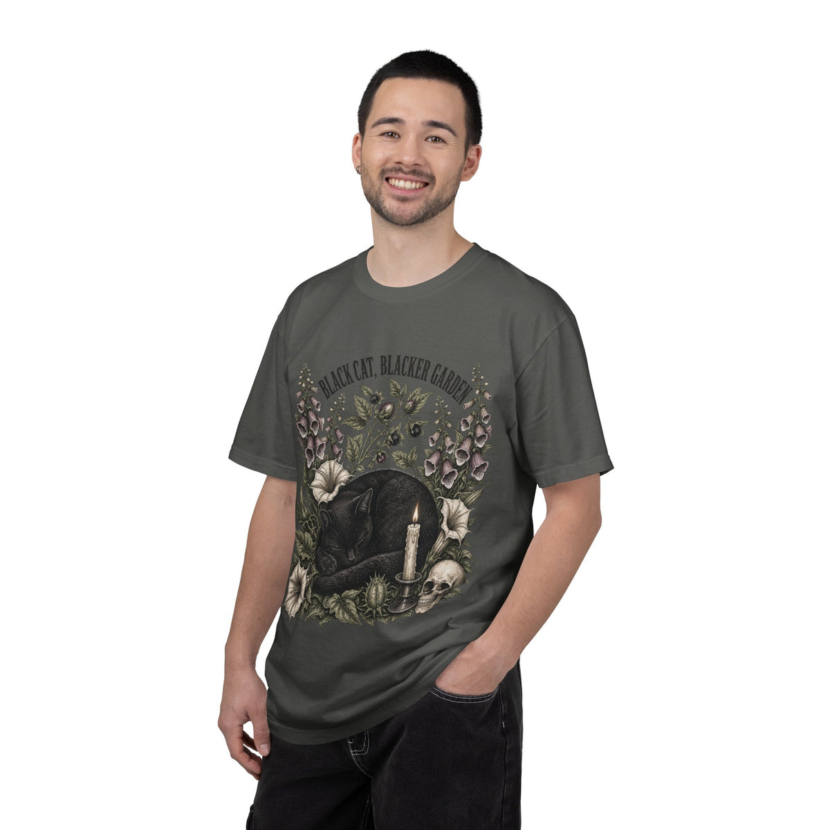 Black Cat Garden T‑Shirt — Gothic Cat, Skull & Candle Graphic Tee