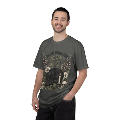 Black Cat Garden T‑Shirt — Gothic Cat, Skull & Candle Graphic Tee