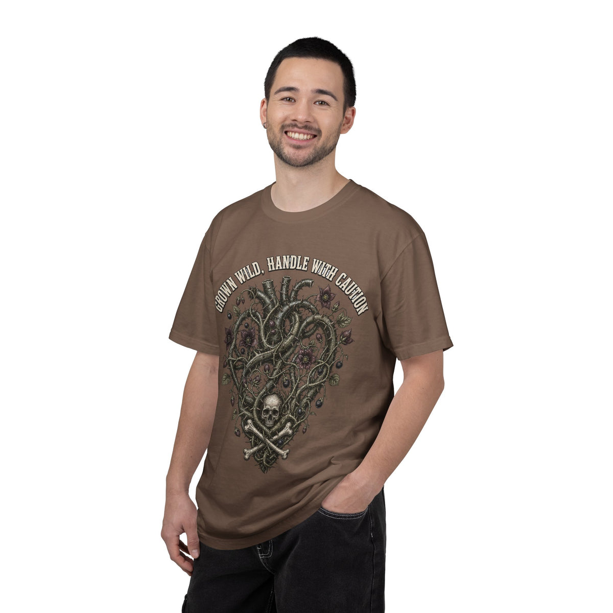 Handle With Caution Heart T-Shirt — Vintage Floral Skull Design