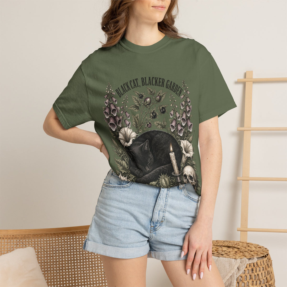 Black Cat Garden T‑Shirt — Gothic Cat, Skull & Candle Graphic Tee