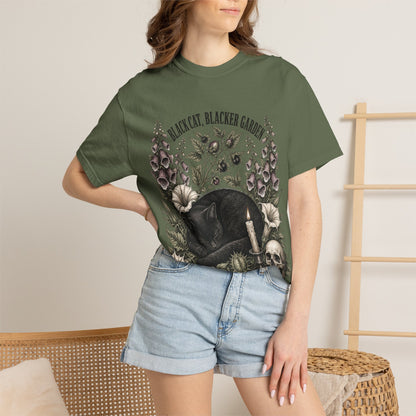 Black Cat Garden T‑Shirt — Gothic Cat, Skull & Candle Graphic Tee