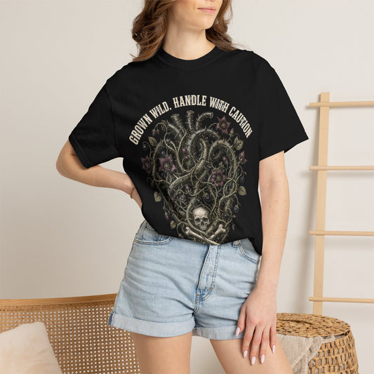 Handle With Caution Heart T-Shirt — Vintage Floral Skull Design