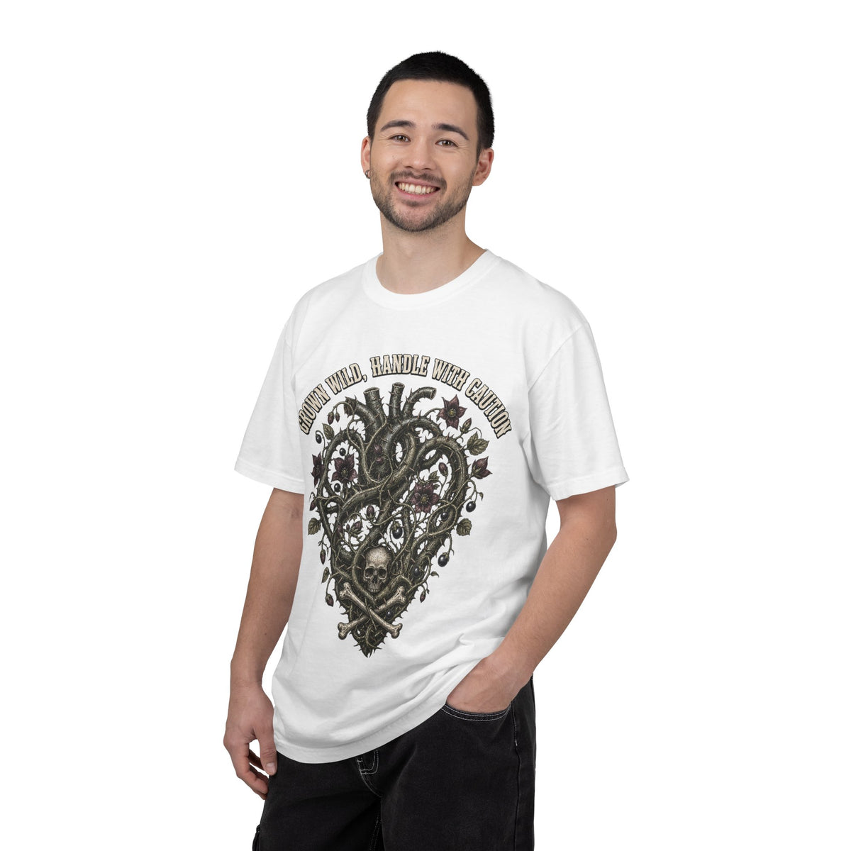 Handle With Caution Heart T-Shirt — Vintage Floral Skull Design