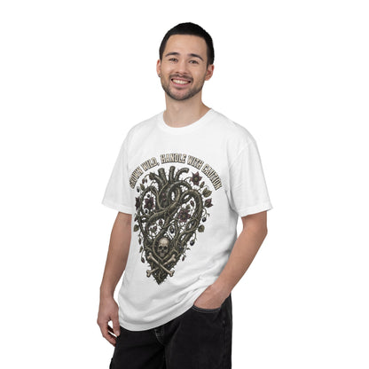 Handle With Caution Heart T-Shirt — Vintage Floral Skull Design