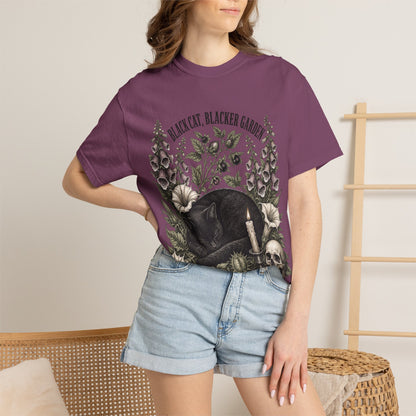 Black Cat Garden T‑Shirt — Gothic Cat, Skull & Candle Graphic Tee
