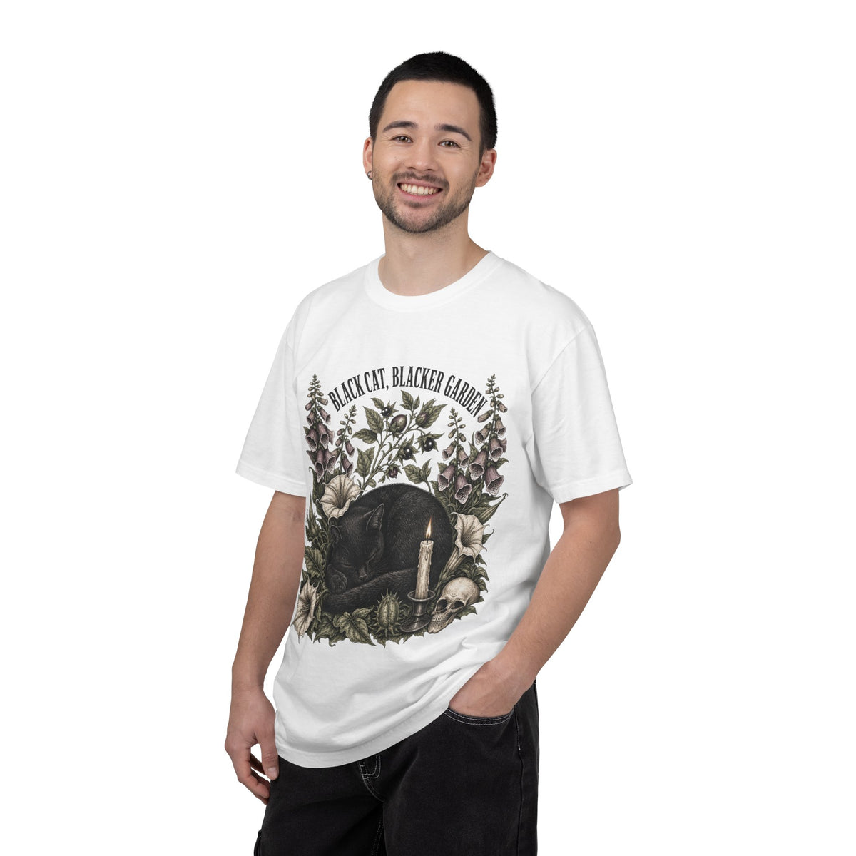 Black Cat Garden T‑Shirt — Gothic Cat, Skull & Candle Graphic Tee