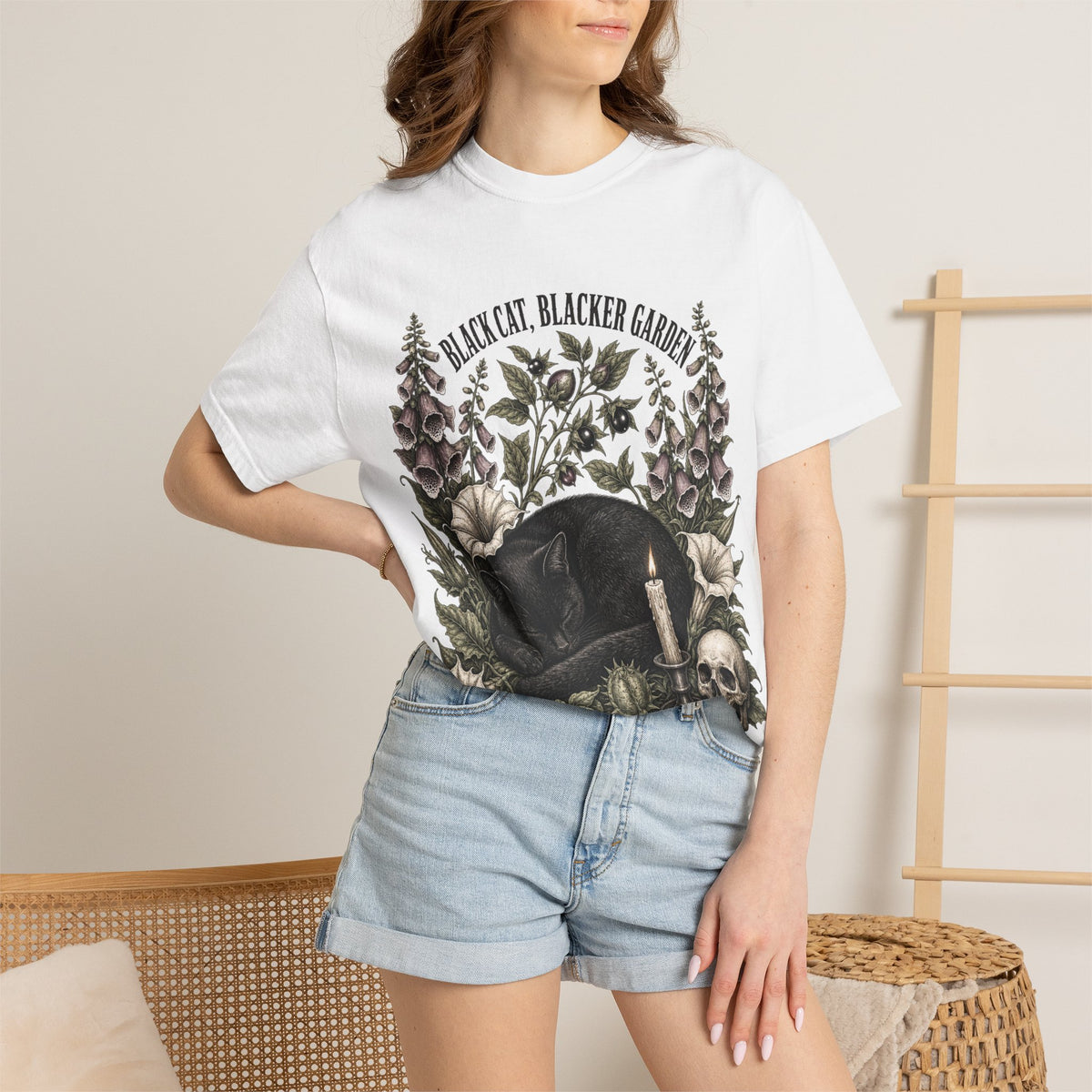 Black Cat Garden T‑Shirt — Gothic Cat, Skull & Candle Graphic Tee