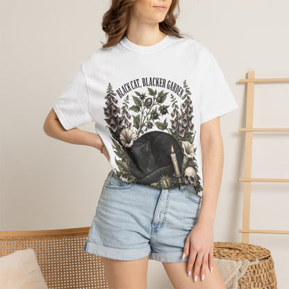 Black Cat Garden T‑Shirt — Gothic Cat, Skull & Candle Graphic Tee