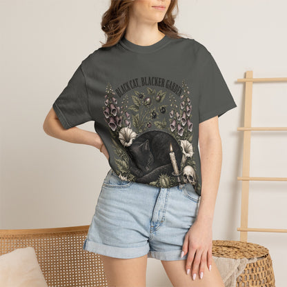Black Cat Garden T‑Shirt — Gothic Cat, Skull & Candle Graphic Tee