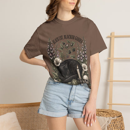 Black Cat Garden T‑Shirt — Gothic Cat, Skull & Candle Graphic Tee